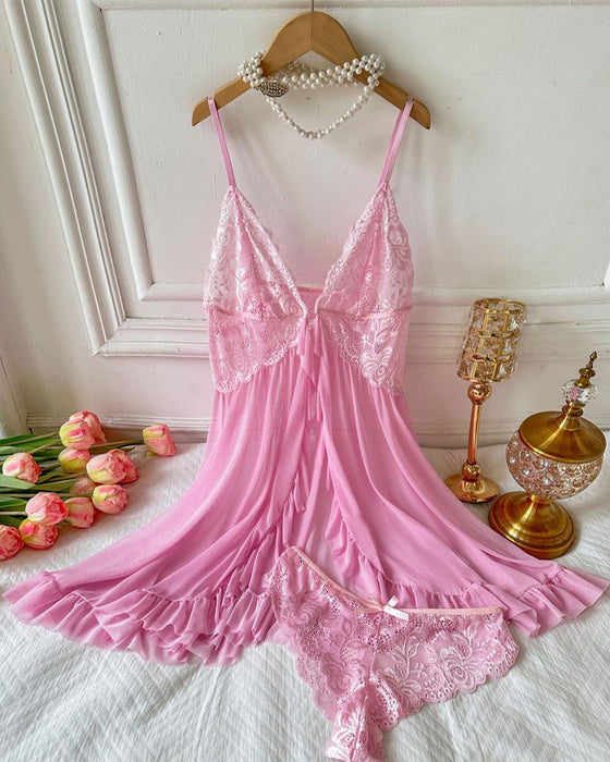 Chemise de Nuit Décolletée & Culotte Décor Nœud Set Femme Sexy Volant Dentelle