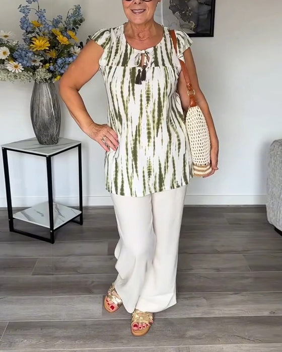 Blouse Manches Feuille De Lotus Pompon Tie-Dye