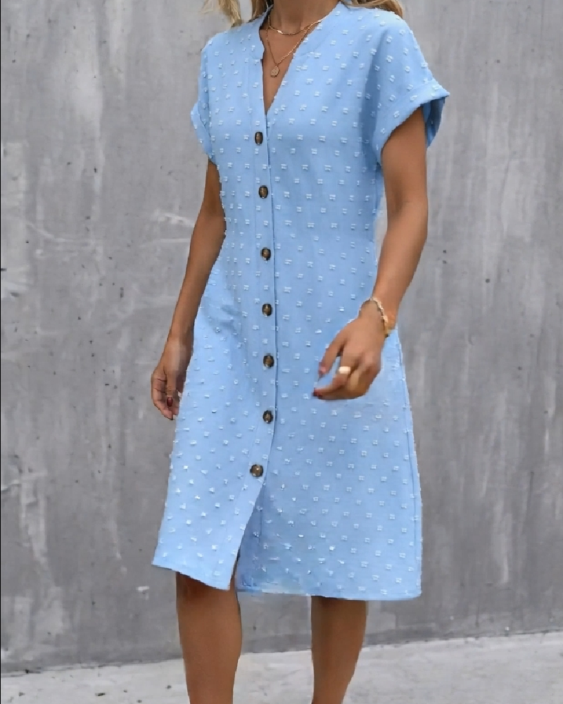 Robe Jacquard Col En V Boutonnage Devant Midi Chemise