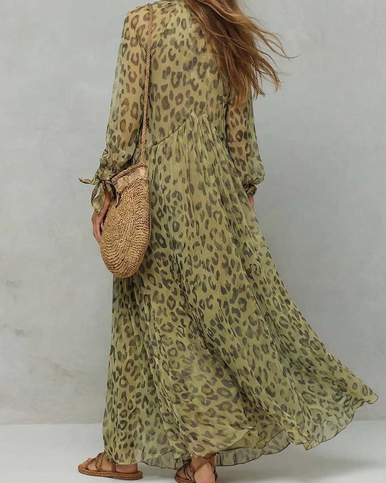 Robe Col En V Manches Longues Léopard Maxi