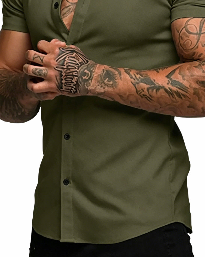 Chemise Haute Élasticité Revers Manches Courtes Homme
