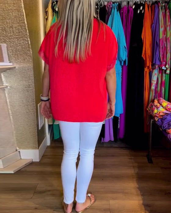 Haut de couleur unie à col en V en dentelle épissée