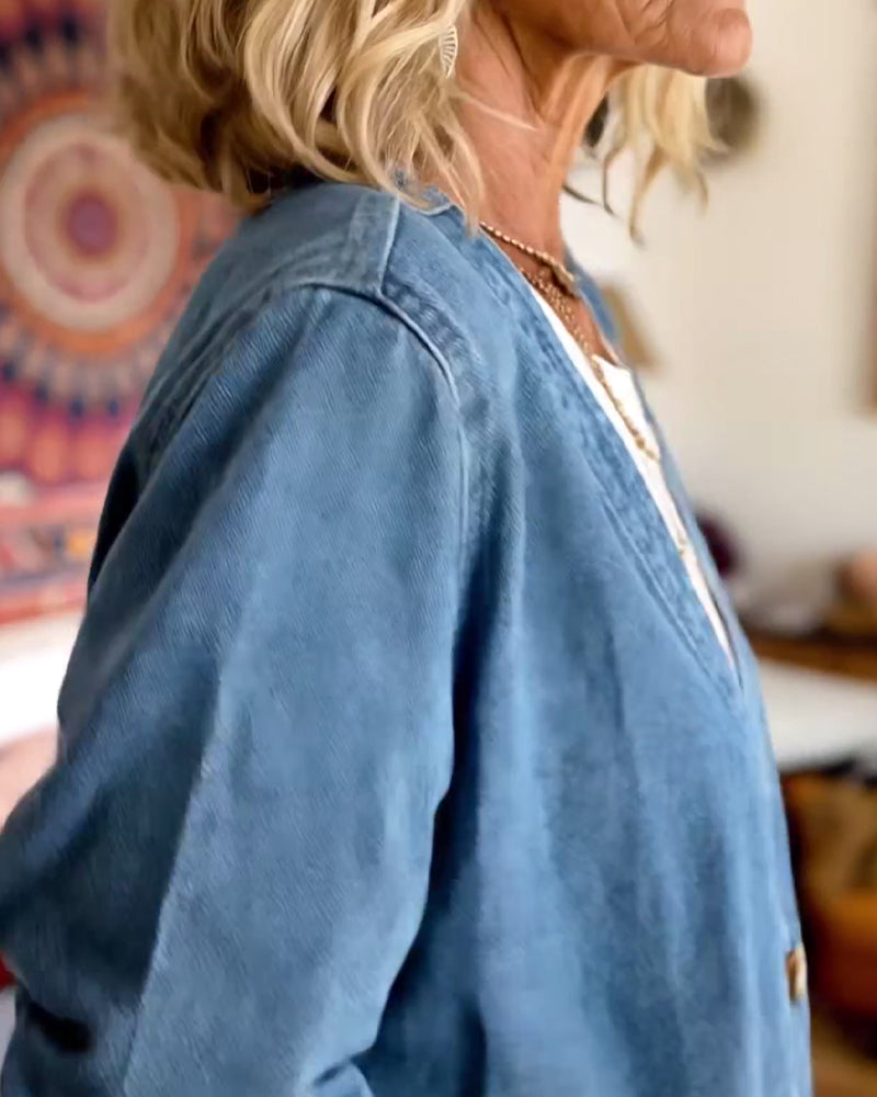 Manteau Denim Col En V Cardigan