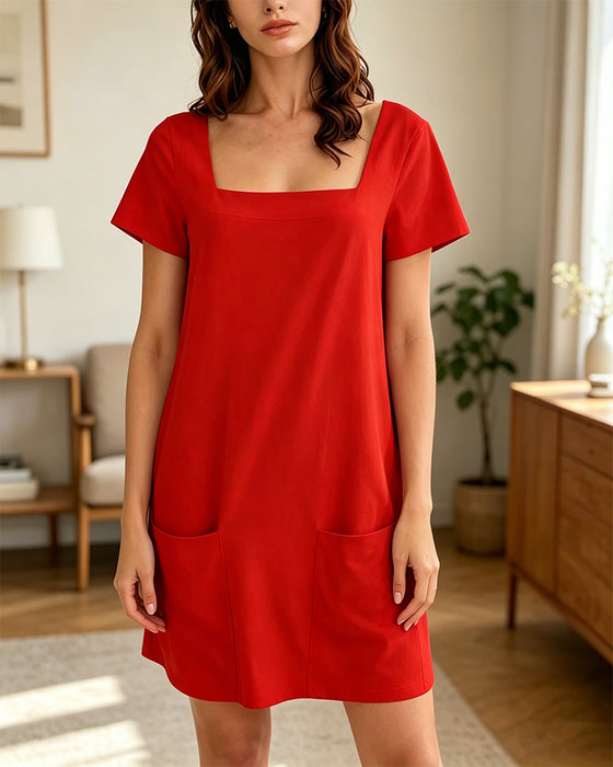 Robe Col Carré Manches Courtes Poche