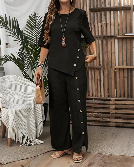 Ensemble Top Irrégulier Orné De Boutons Et Pantalon
