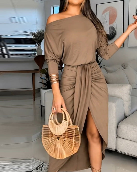 Robe Une Épaule Manches Chauve-Souris Taille Haute Fente