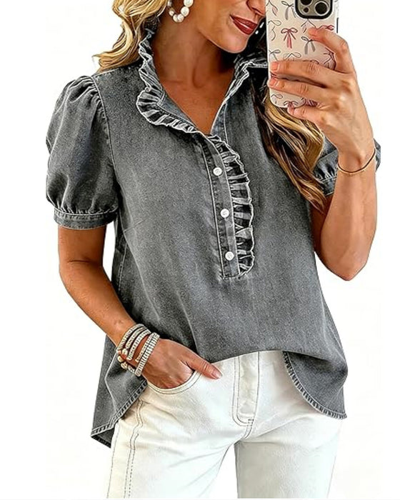 Blouse Boutonner Volant Denim