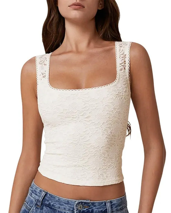 Tank Top Dentelle Garniture Col Carré Sans Manches