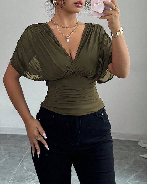 Blouse Unie Profond Col En V Taille Manches Courtes