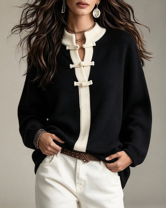 Pullover Bloc De Couleur Boutons Disque Loose
