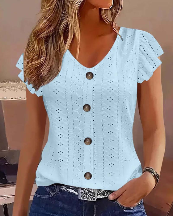Blouse Manches Papillon Évidé Bouton