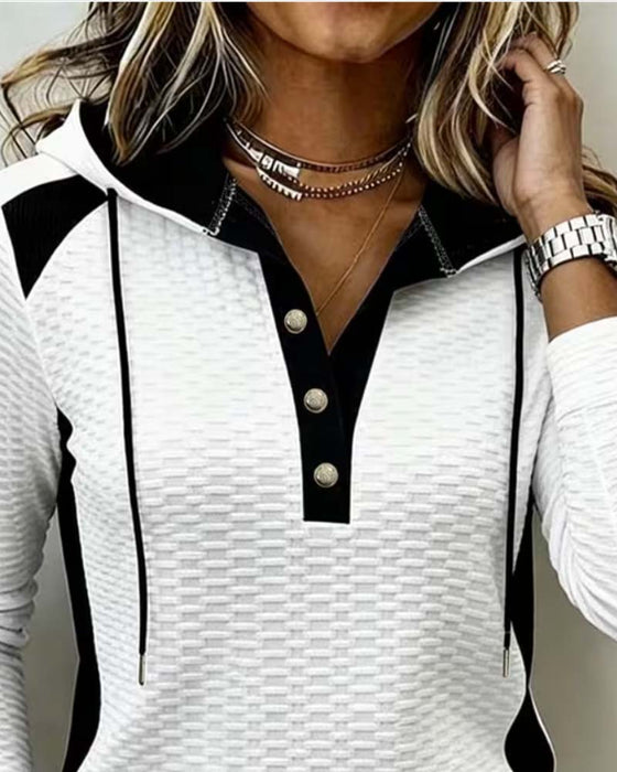 Hoodie Boutonné Cordon Bloc De Couleur