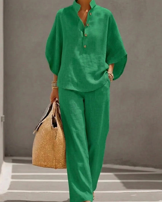 Ensemble Col Monté Manche Chauve-Souris Large Jambe Pantalon