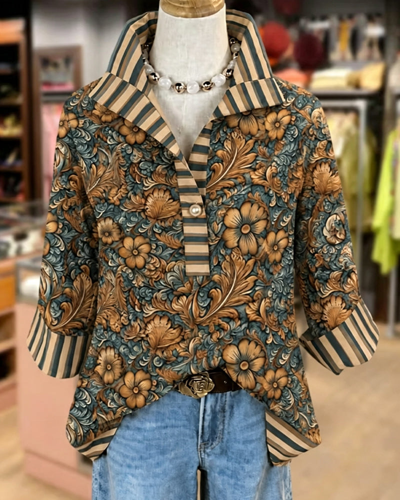 Blouse Revers Décontractée Florale Bouton