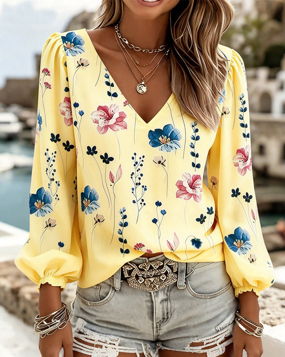 Chemisier Manche Lanterne Col V Floral