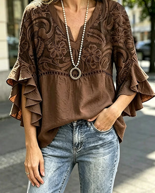Blouse Vintage Imprimé Floral Manche Volantée Asymétrique