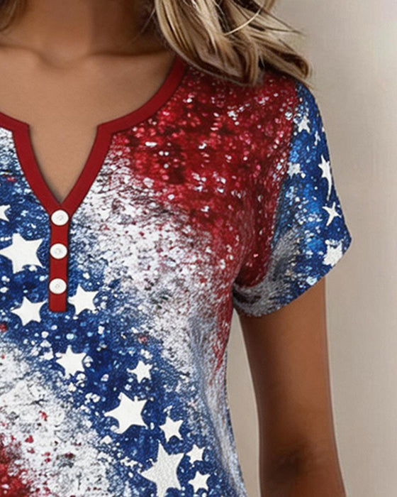 T-Shirts Trois-Bouton Étoiles Et Rayures Manches Courtes