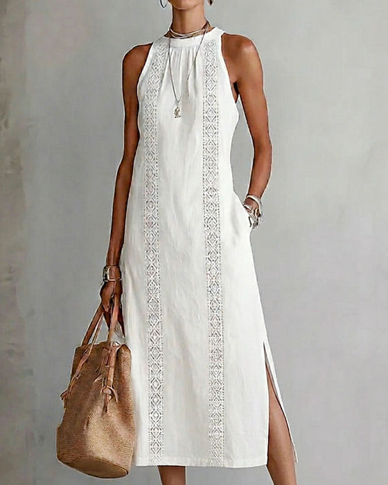 Robe 100% Coton Sans Manches Fente Dentelle Patchwork