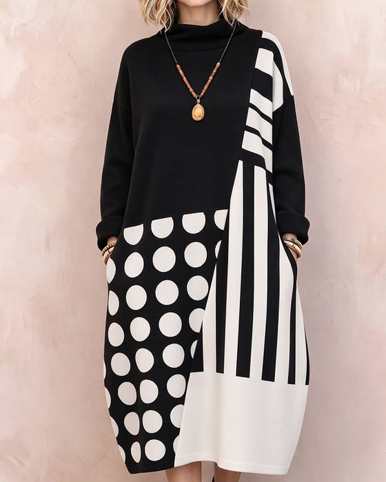 Robe Patchwork Polka Dot Rayé Col Haut Manches Longues