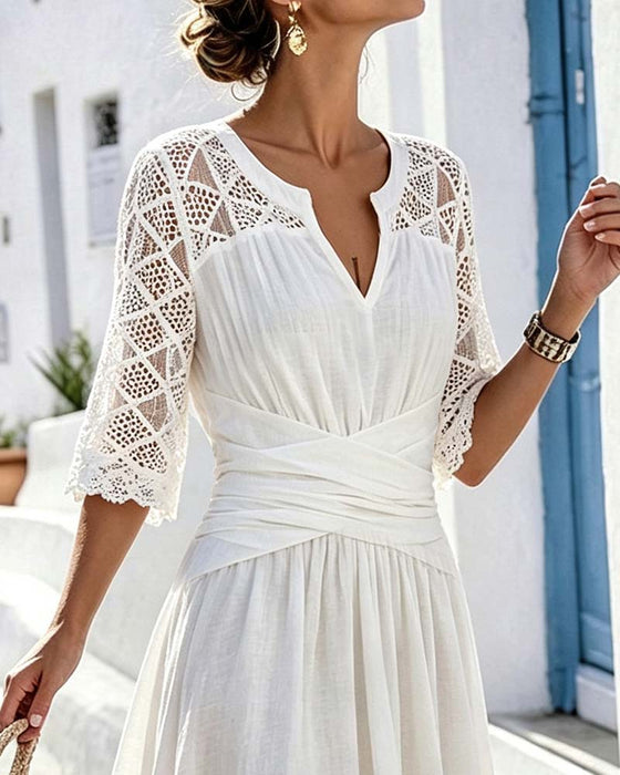 Robe Col V Croisé Dentelle Panneau