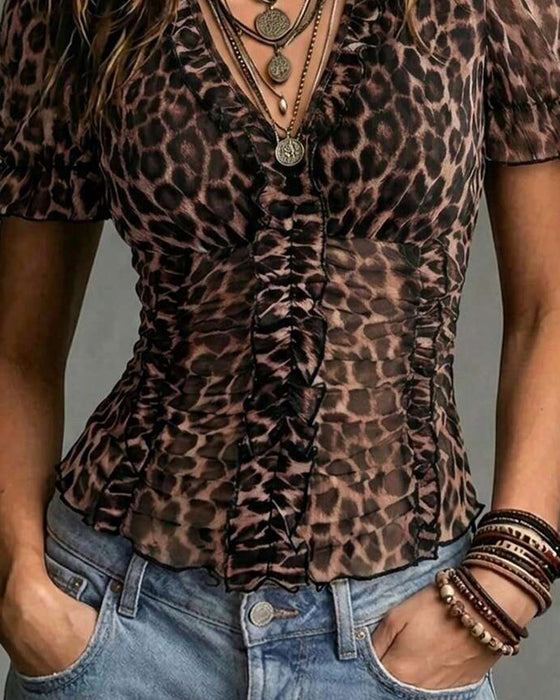 Blouse Col En V Léopard Imprimé Volant Manches Ballon