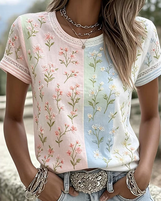 Blouse Dentelle Patchwork Contraste Florale