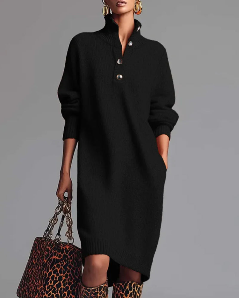 Robe Couleur Unie À Boutons Et Col Haut