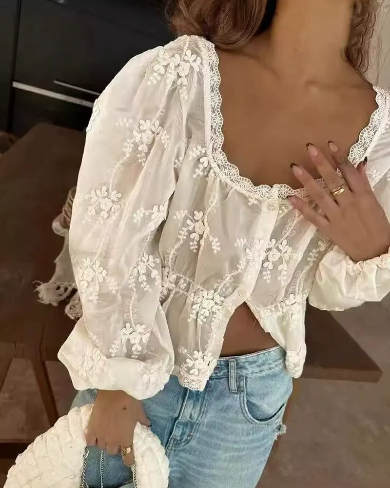 Blouse Col U Loose Brodée Manche Longue