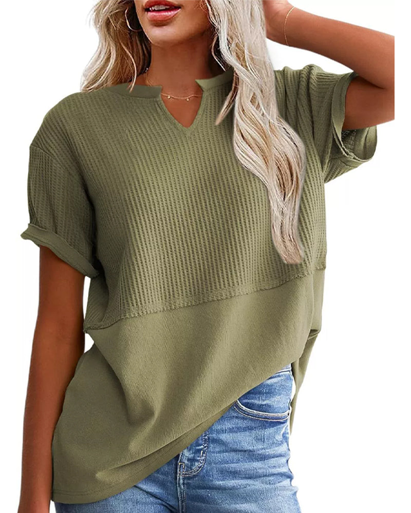T-Shirt Taille Cintrée Patchwork Col En V Pullover