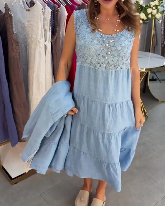Robe Col Rond Sans Manches Dentelle Superposée