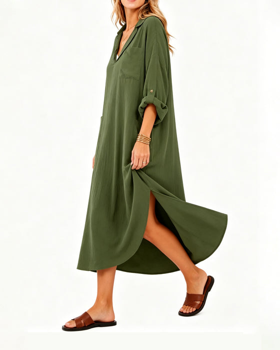 Robe Revers Col En V Poche Fente
