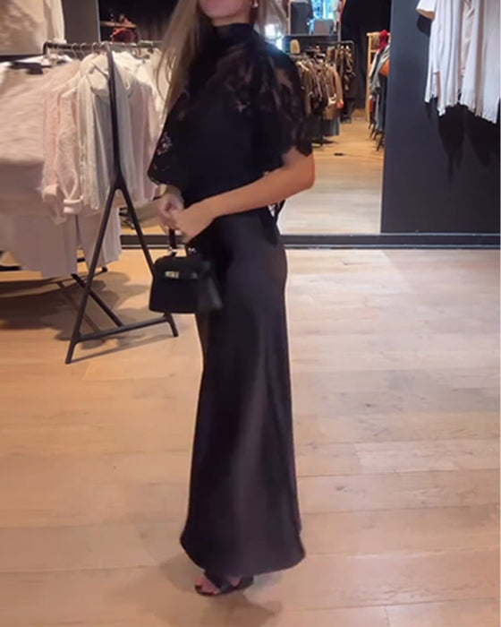 Ensemble Blouse En Dentelle Et Résille Avec Robe Nuisette Drapée