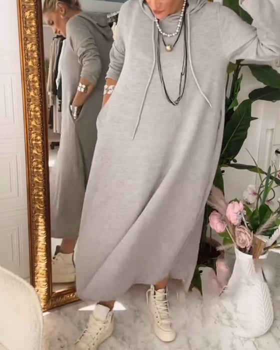 Robe Couleur Unie À Capuche Poche