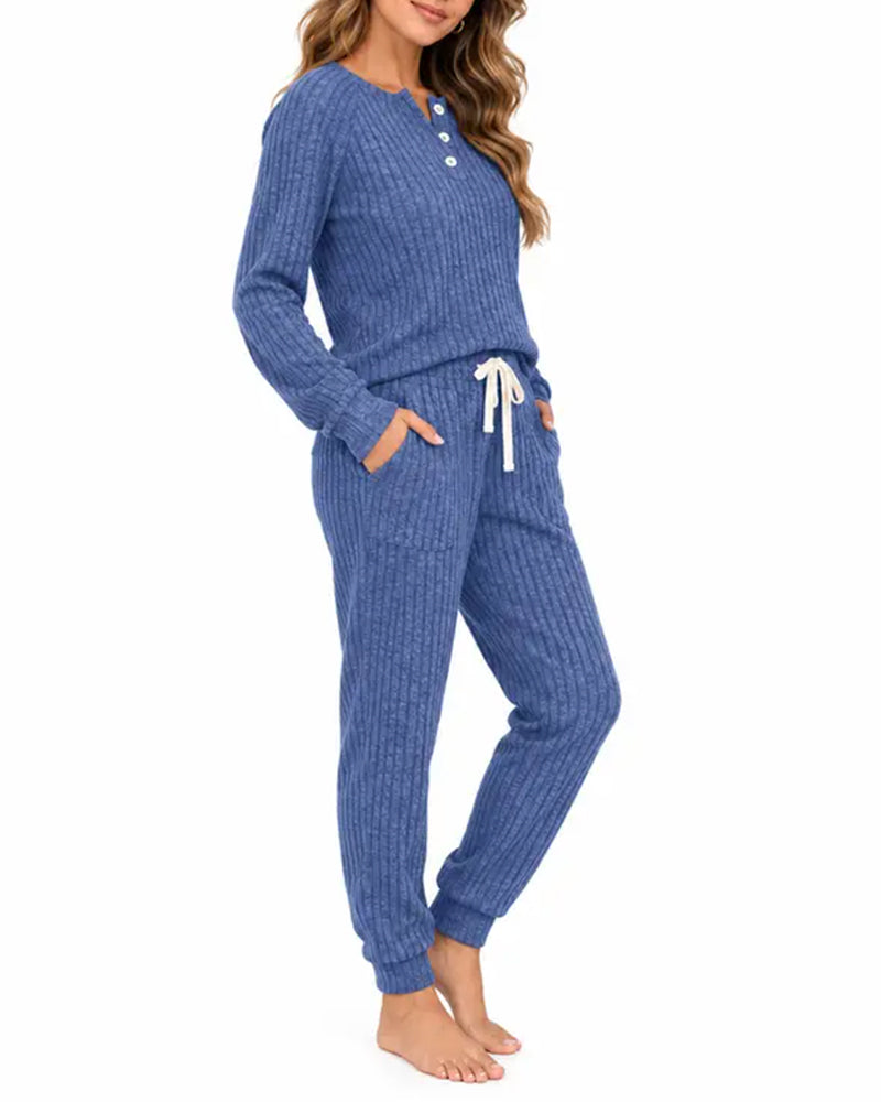 Ensemble Col Henley Rayure Fine Tricoté
