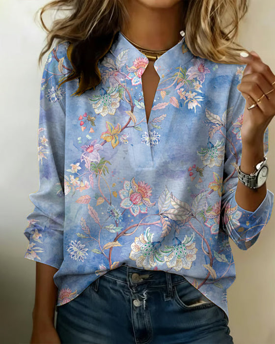 Blouse Col Monté Manches Longues Fleuri