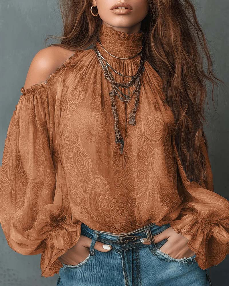 Blouse Imprimée Off-Épaule Col Mandarine