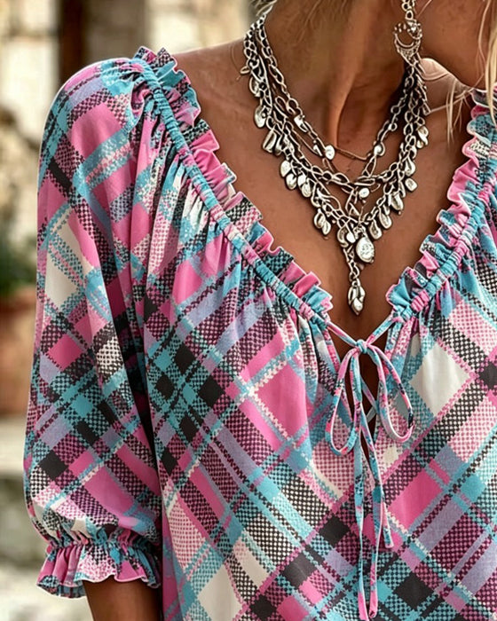 Blouse Volant Parement Nœud Devant Vichy