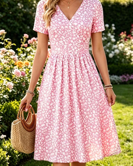 Robe Col En V Manches Courtes Petit Fleuri