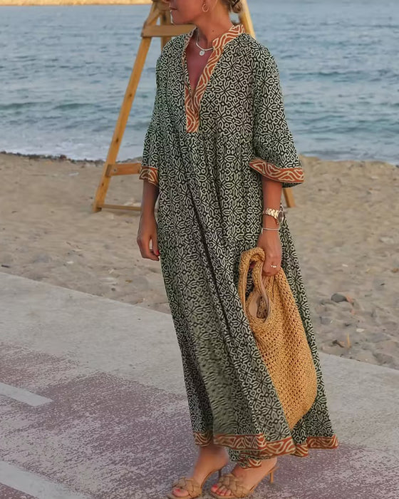 Robe Encolure En V Manche Trois-Quarts Imprimé Vacances