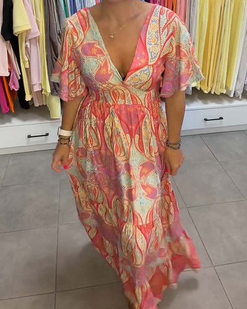 Robe Col V Volant Imprimé
