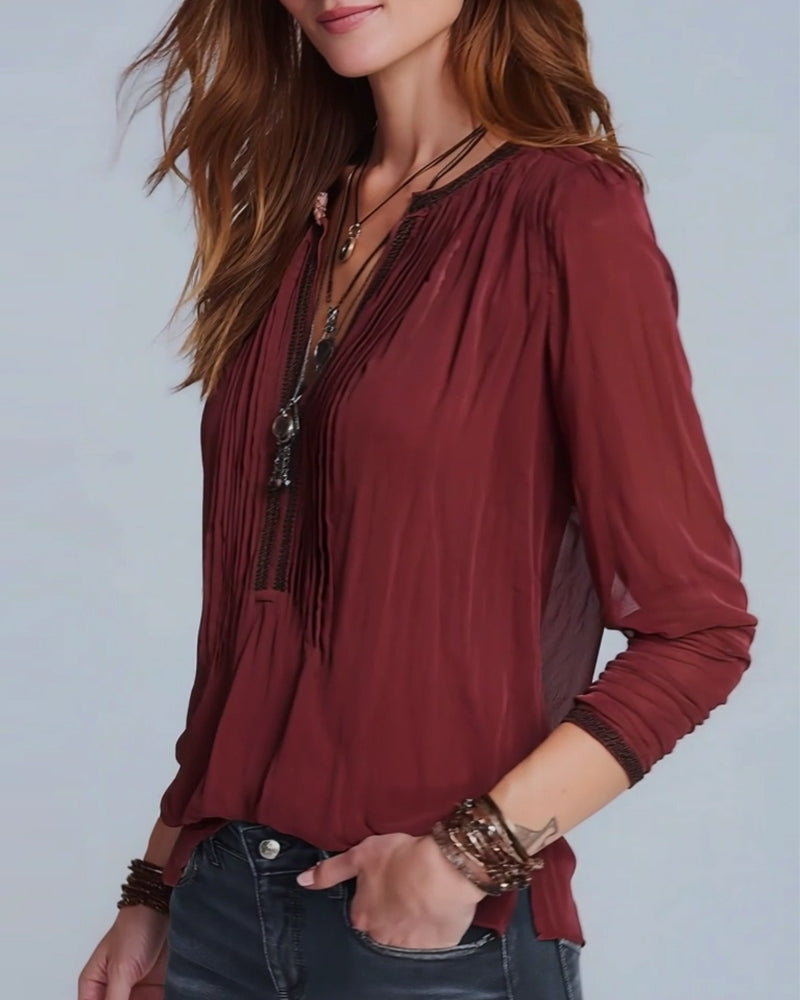 Blouse Col V Contrastant Manche Longue