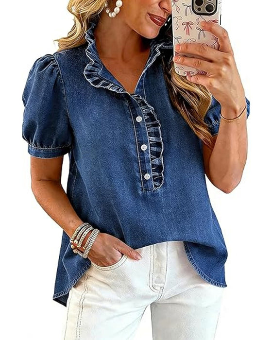 Blouse Boutonner Volant Denim