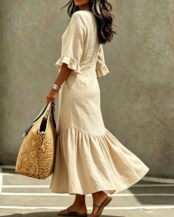 Robe Col V Poche Volant Ajusté