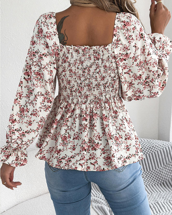 Blouse Col Carré Froncée Fleurie Volant