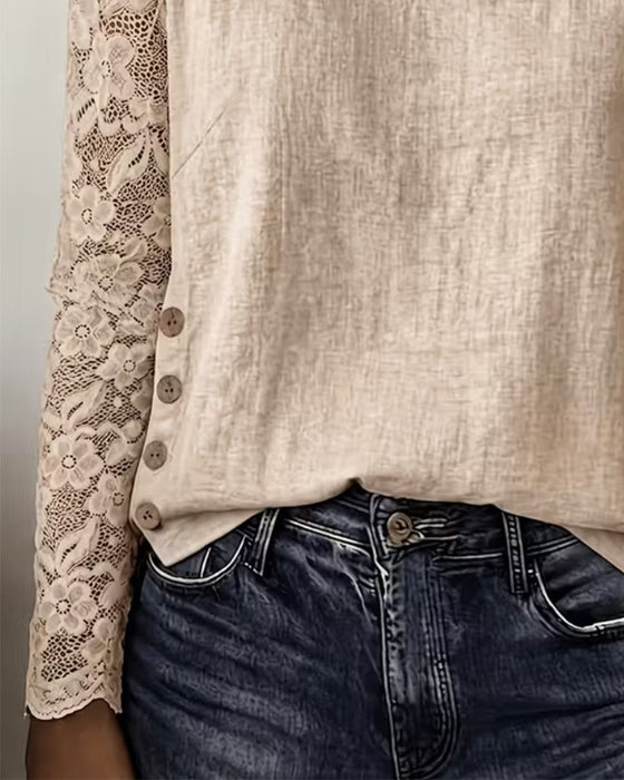 Chemisier Col Rond Boutonné Dentelle Patchwork Manches Longues