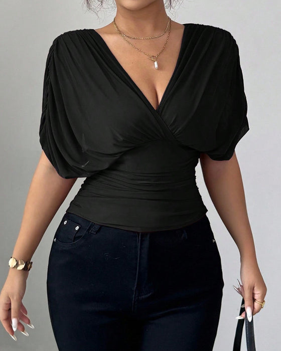 Blouse Unie Profond Col En V Taille Manches Courtes