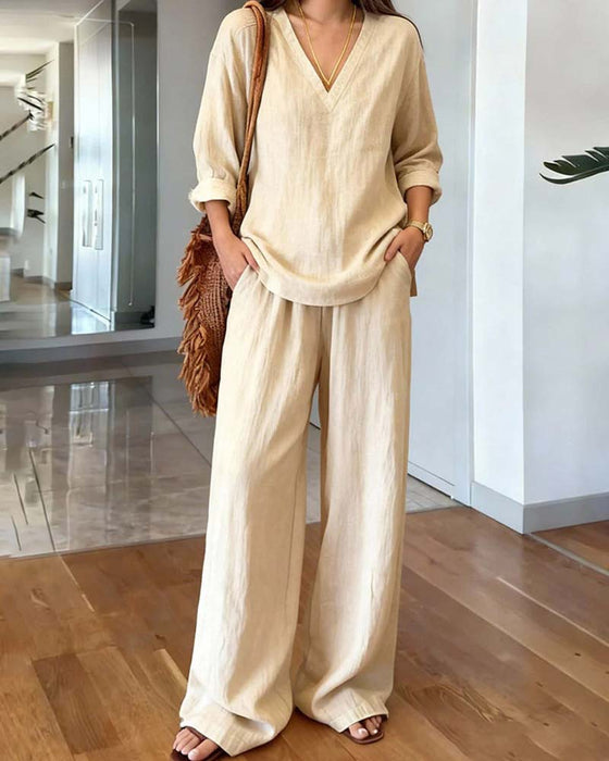 Ensemble Col‑V Uni Longues Manches Jambes Larges