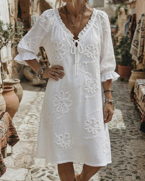 Robes Col V Volant Attacher 3D Floral
