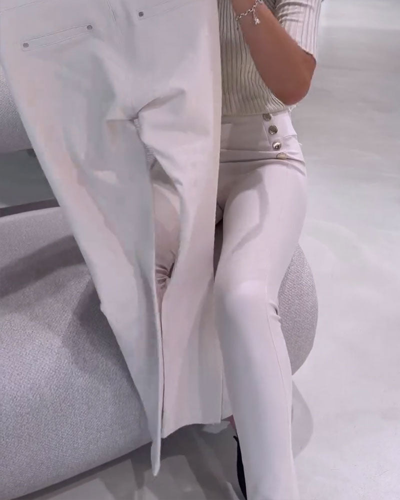 Pantalon Taille Haute Bouton Latéral Stretch