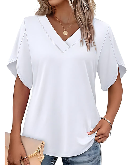 T-Shirt Col En V Petite Fente Manches Courtes Unie